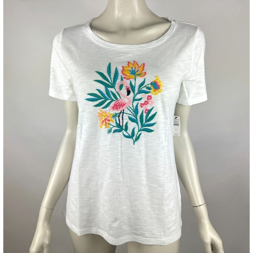 Talbots Flamingo Embroidered Crewneck Tee Women S NWT Short Sleeve StretchCotton